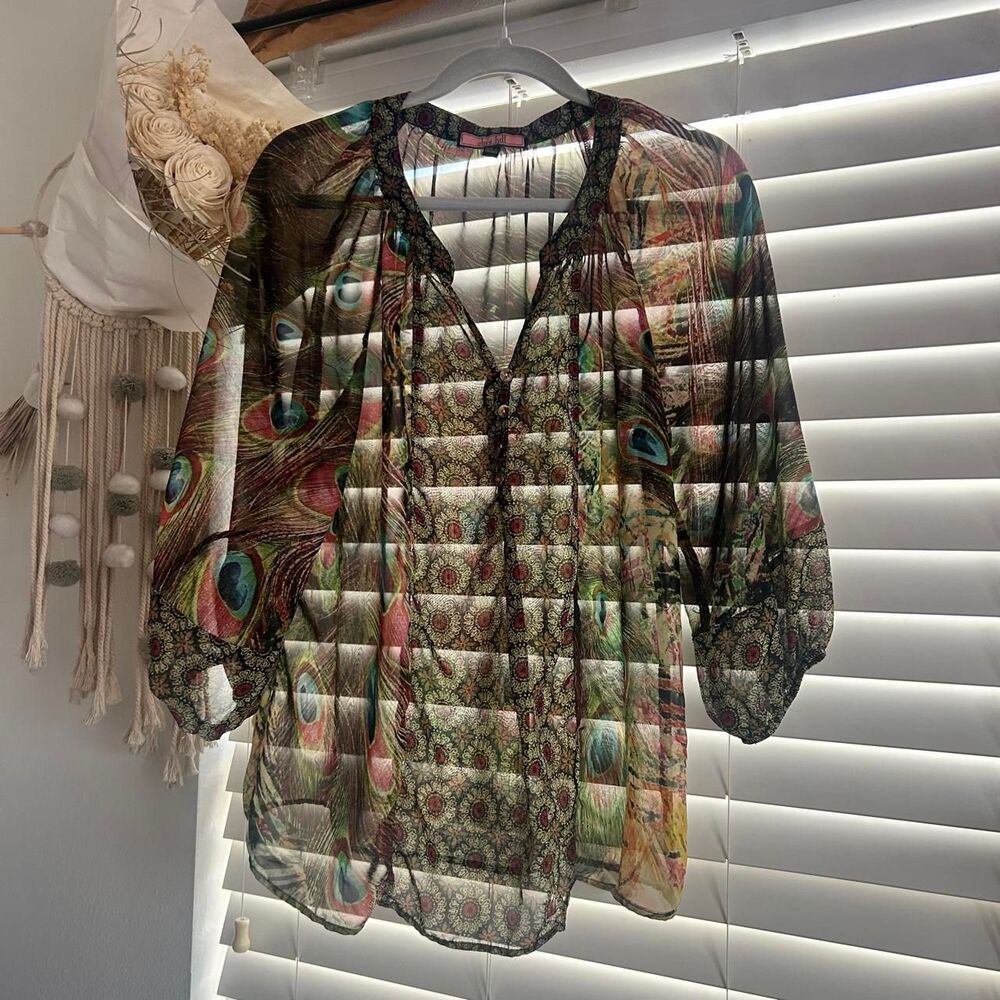 Olive Hill Peacock Print Boho Fairycore Sheer Blouse Top Size Large